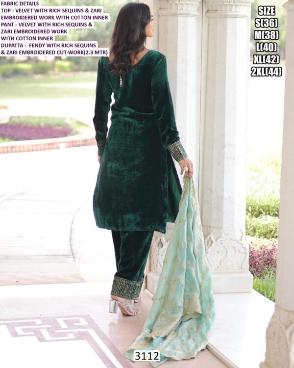 Presenting Velvet Zari Sequence Embroidered Straight Kurta Pant Set With Fendy Dupatta