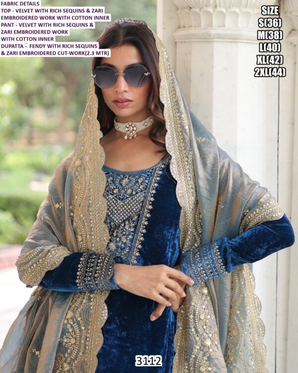 Presenting Velvet Zari Sequence Embroidered Straight Kurta Pant Set With Fendy Dupatta