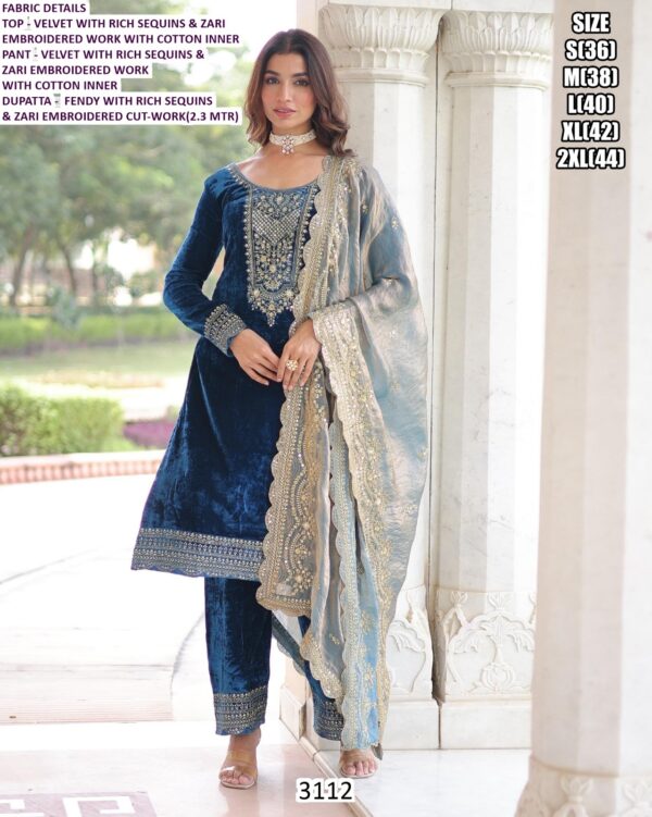 Presenting Velvet Zari Sequence Embroidered Straight Kurta Pant Set With Fendy Dupatta