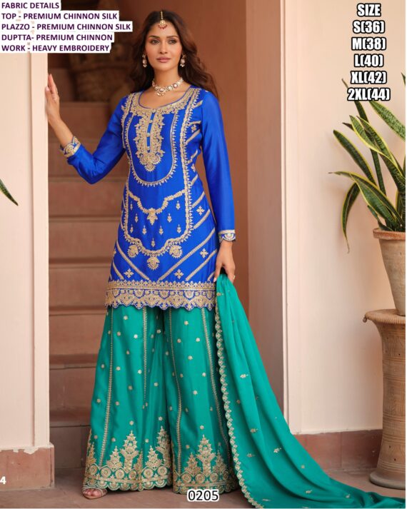 Wedding Wear Plazo Suit Sets Made In Premium Chinon Silk, Beautifully Detailed With Embroidery