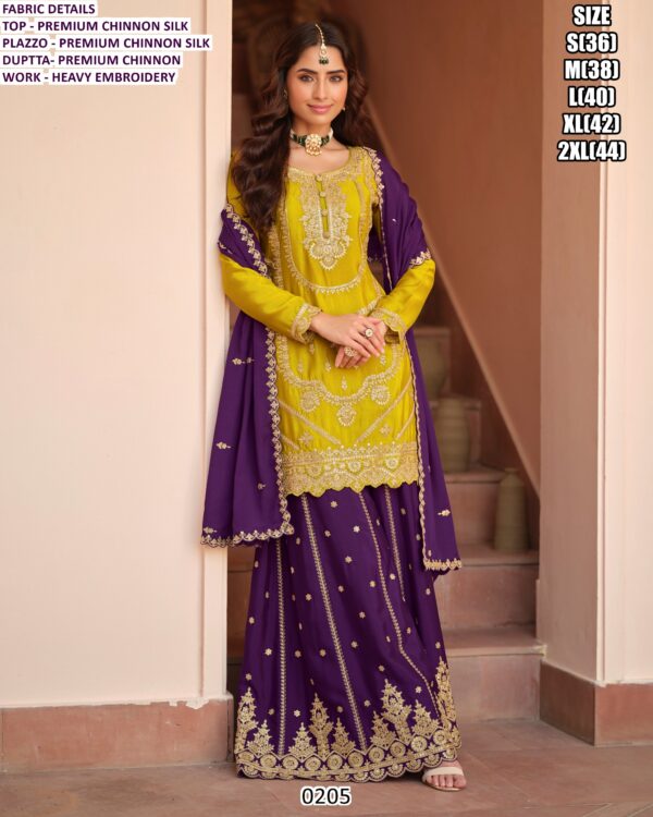 Wedding Wear Plazo Suit Sets Made In Premium Chinon Silk, Beautifully Detailed With Embroidery