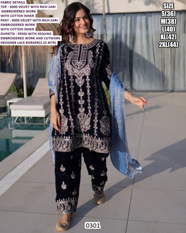 Navy Blue Velvet With Heavy Embroidery Work Party Wear Dress With Beautiful Contrast Dupatta