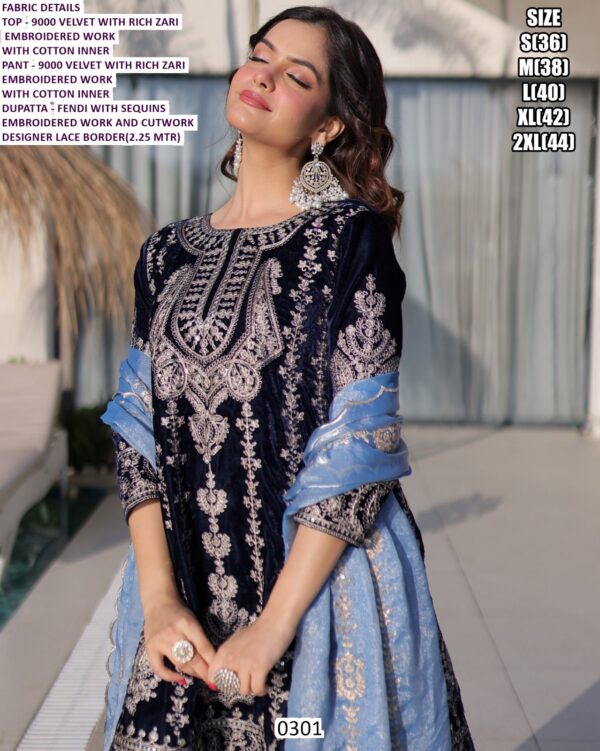 Navy Blue Velvet With Heavy Embroidery Work Party Wear Dress With Beautiful Contrast Dupatta