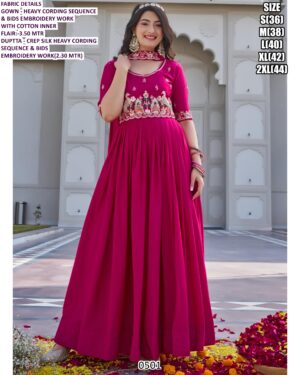 Pretty Crepe Silk Plain With Embroidered Gown With Dupatta For Weddings