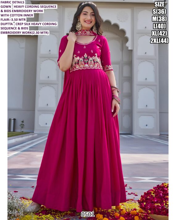 Pretty Crepe Silk Plain With Embroidered Gown With Dupatta For Weddings