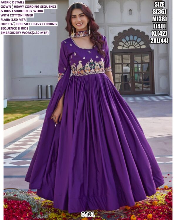 Pretty Crepe Silk Plain With Embroidered Gown With Dupatta For Weddings