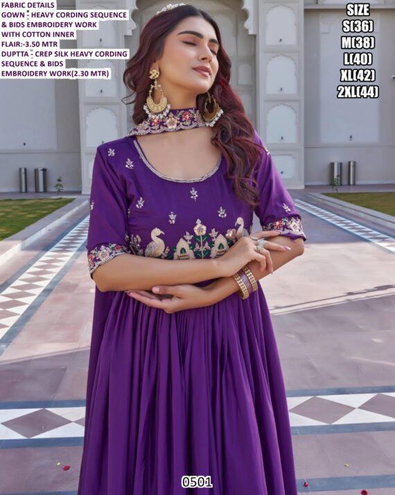 Pretty Crepe Silk Plain With Embroidered Gown With Dupatta For Weddings