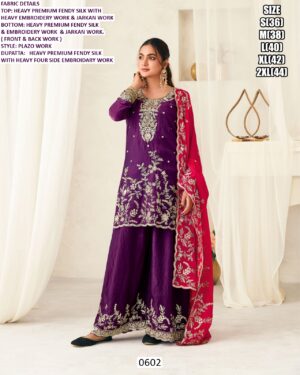 Offering Readymade Heavy Premium Fendy Silk Plazo Suit Set (3-Piece) - Straight Style With Embroidery