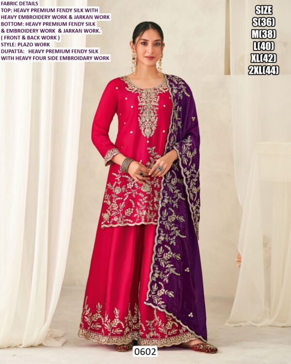 Offering Readymade Heavy Premium Fendy Silk Plazo Suit Set (3-Piece) - Straight Style With Embroidery