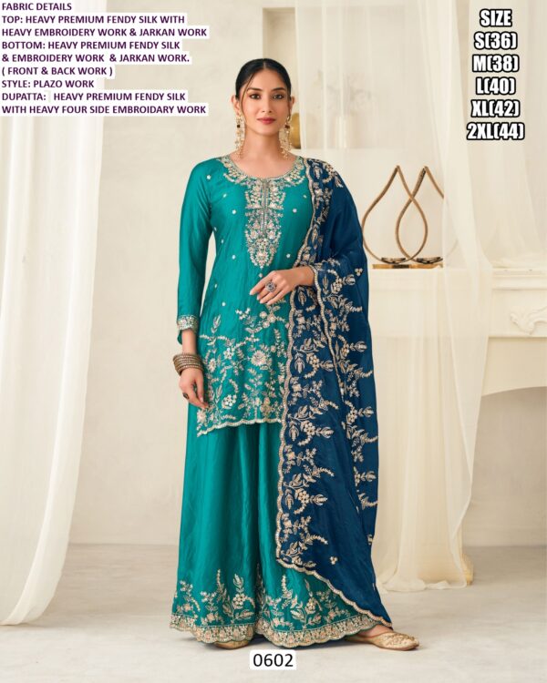 Offering Readymade Heavy Premium Fendy Silk Plazo Suit Set (3-Piece) - Straight Style With Embroidery