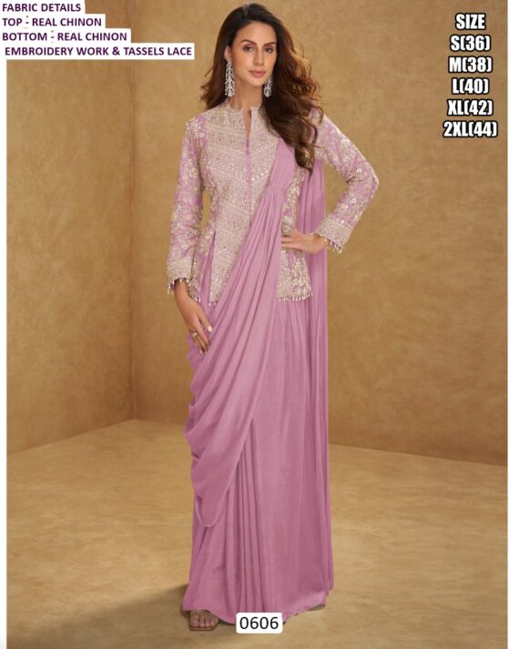 New Superhit Trending Ready To Wear Real Chinon Sarees With Fully Embroidery Work