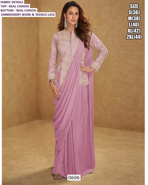 New Superhit Trending Ready To Wear Real Chinon Sarees With Fully Embroidery Work