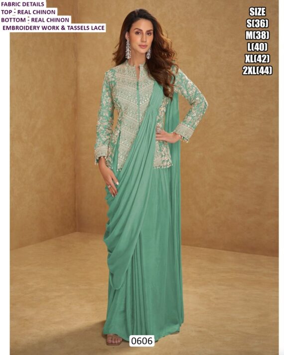 New Superhit Trending Ready To Wear Real Chinon Sarees With Fully Embroidery Work