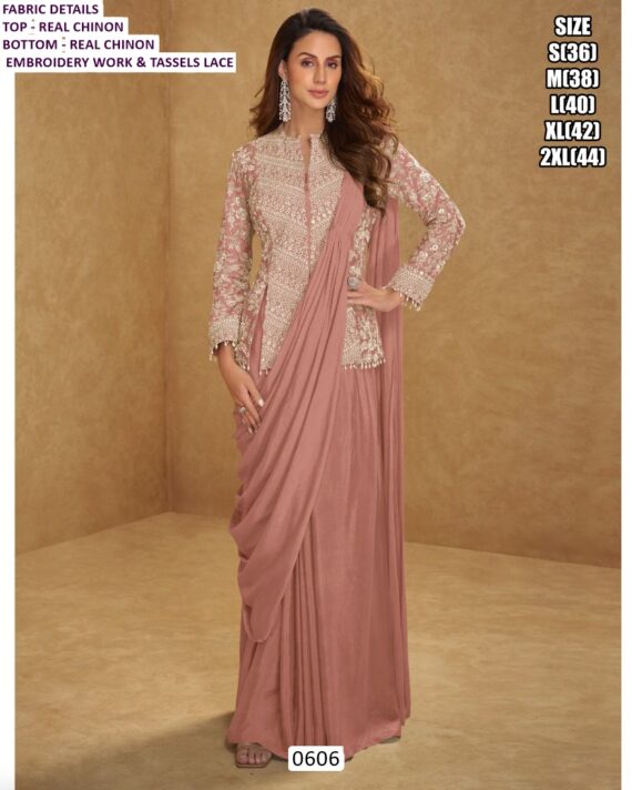 New Superhit Trending Ready To Wear Real Chinon Sarees With Fully Embroidery Work