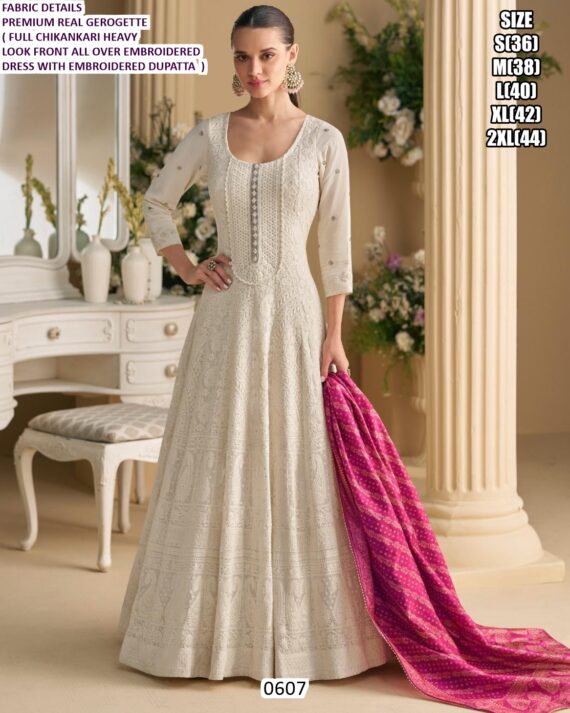 Buy The New Premium Real Georgette Chikankari Heavy Work Attractive Gown Dupatta Set (Stitched)