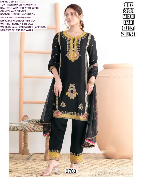 Premium Chinon Embroidered Readymade Designer Salwar Suits In Black And Ivory Colour!