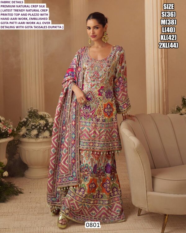 Wedding Wear Readymade Natural Crape Silk Plazo Style Three-Piece Salwar Kameez Suits