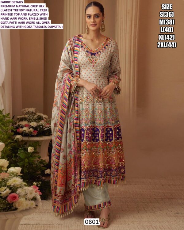 Wedding Wear Readymade Natural Crape Silk Plazo Style Three-Piece Salwar Kameez Suits