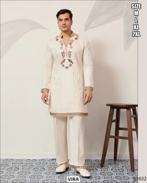 Viscose Silk Thread With Sequence Embroidery Work Men's Functions Wear Kurta And Pajama