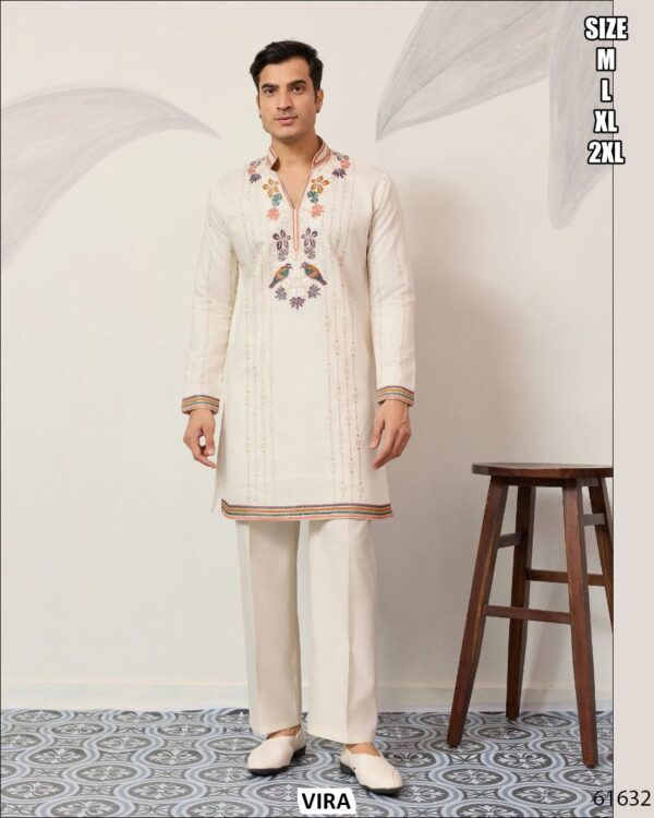 Viscose Silk Thread With Sequence Embroidery Work Men's Functions Wear Kurta And Pajama