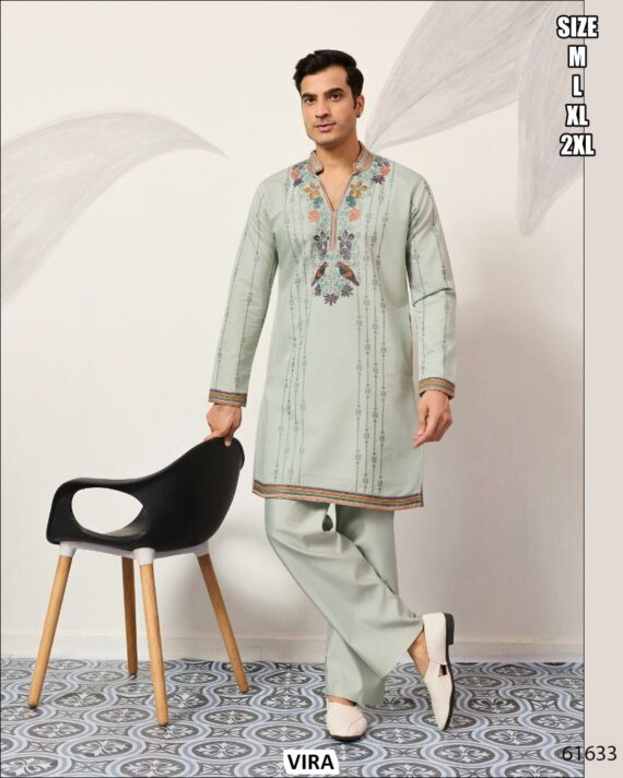 Viscose Silk Thread With Sequence Embroidery Work Men's Functions Wear Kurta And Pajama