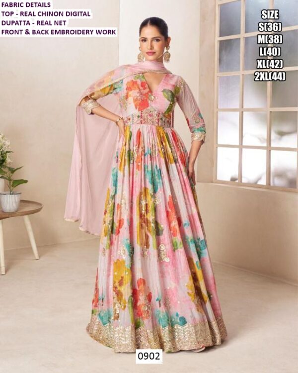 Multi Colour Prints, Embroidery And Sequins Real Chinon Gowns With Net Dupatta