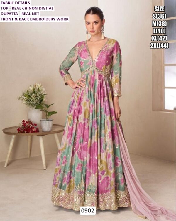Multi Colour Prints, Embroidery And Sequins Real Chinon Gowns With Net Dupatta