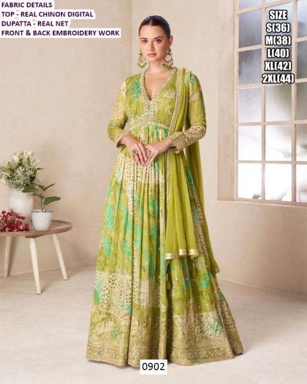 Multi Colour Prints, Embroidery And Sequins Real Chinon Gowns With Net Dupatta