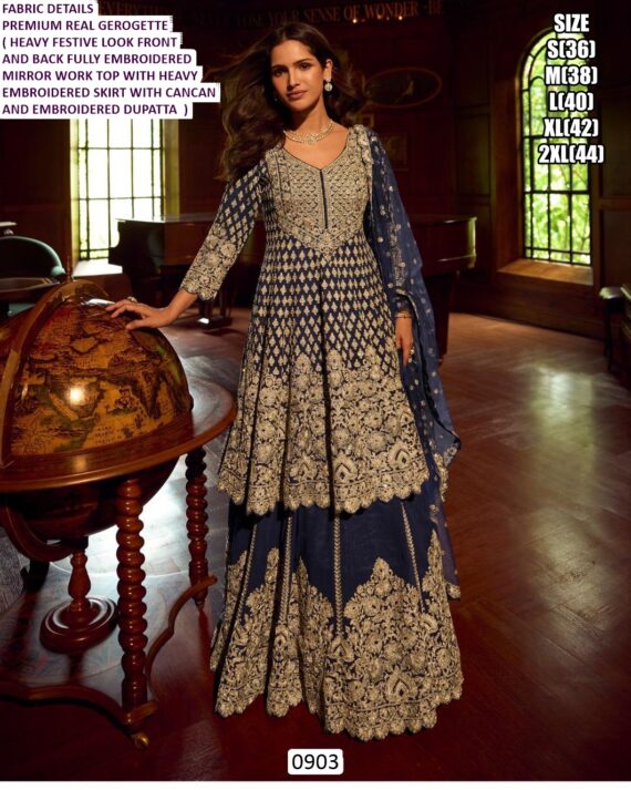 Georgette Fully Embroidered Mirror Work Bridal Wear Lehenga Style Dresses Catalogue