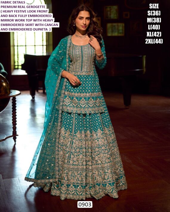 Georgette Fully Embroidered Mirror Work Bridal Wear Lehenga Style Dresses Catalogue