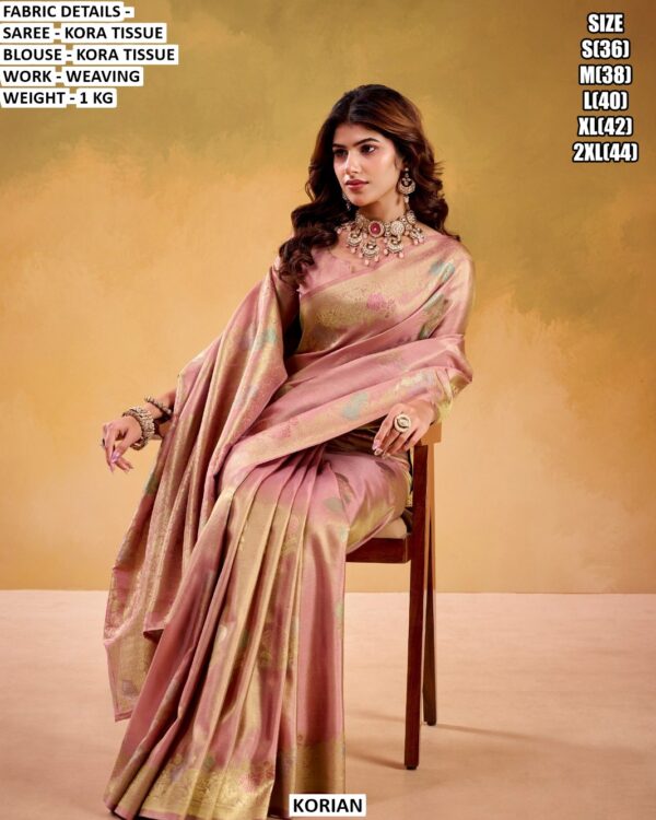 Premium Stylish Evening Party Collection Of Kora Tissue Sarees With Matching Blouses In Five Colours