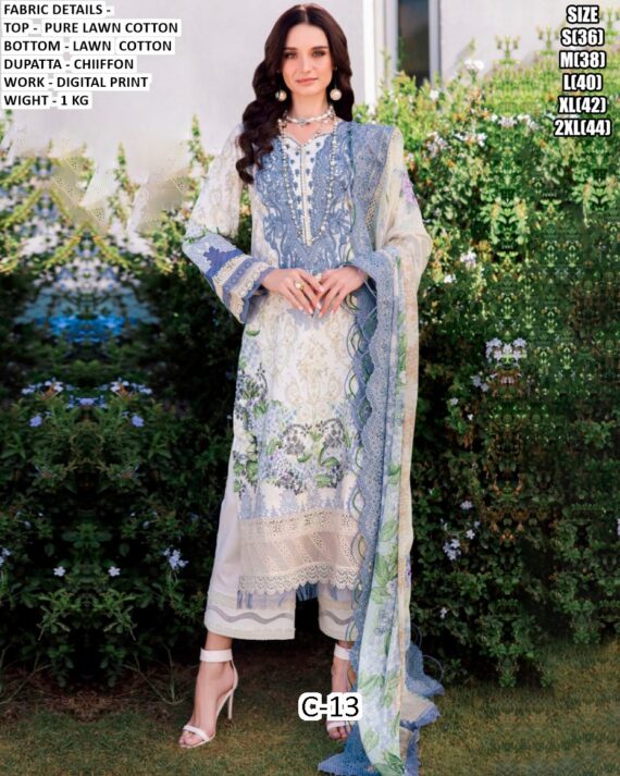 Pakistani Pure Lawn Cotton Beautiful Printed Salwar Suit With Chiffon Printed Dupatta