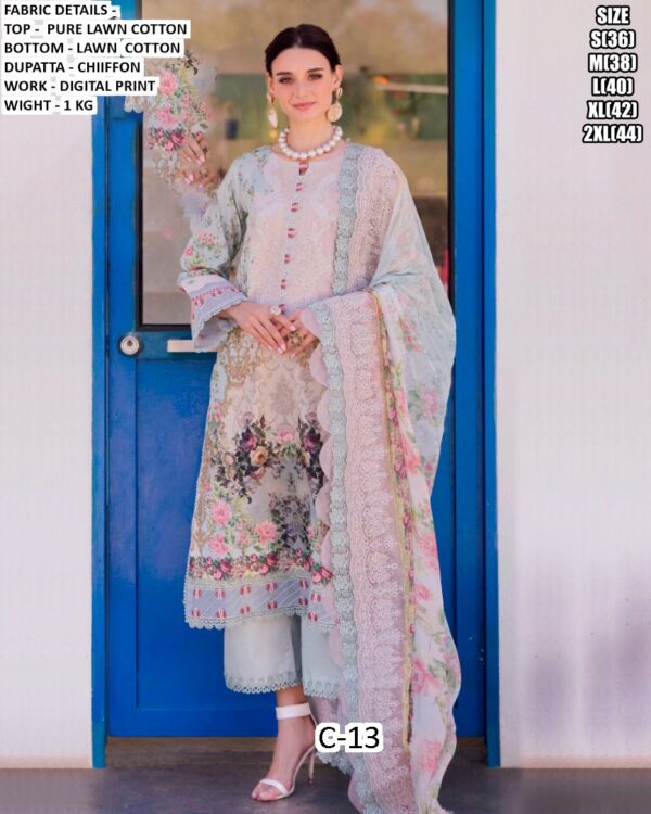 Pakistani Pure Lawn Cotton Beautiful Printed Salwar Suit With Chiffon Printed Dupatta