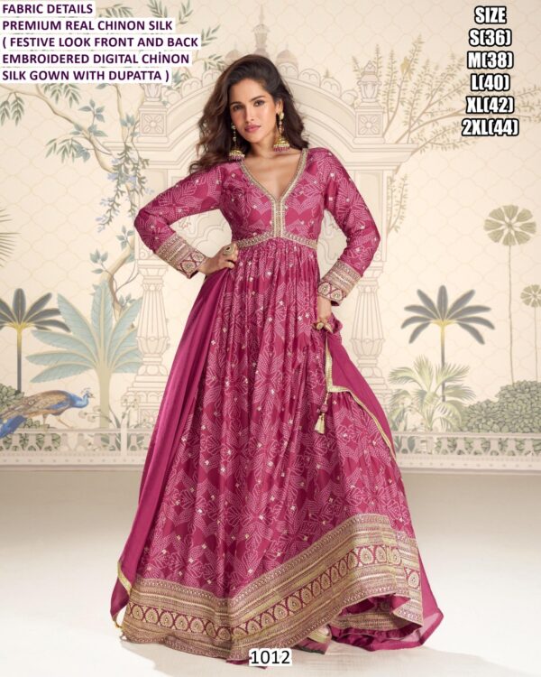 Perfect For Festive Vibes And Wedding Glam Premium Real Chinon Silk Gown With Dupatta