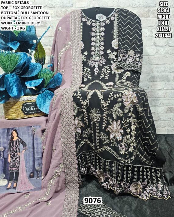 Buy Black Faux Georgette Straight Cut Pakistani Salwar Suits With Embroidery Work