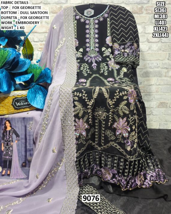 Buy Black Faux Georgette Straight Cut Pakistani Salwar Suits With Embroidery Work