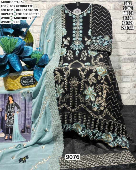 Buy Black Faux Georgette Straight Cut Pakistani Salwar Suits With Embroidery Work