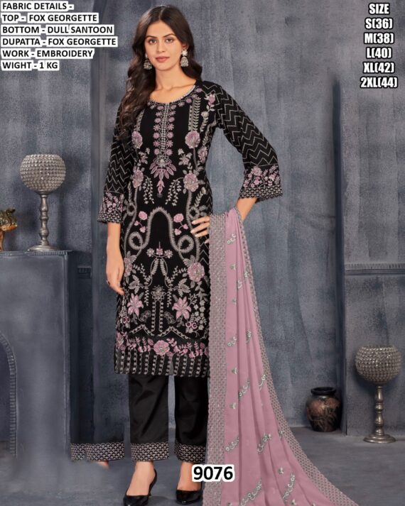 Buy Black Faux Georgette Straight Cut Pakistani Salwar Suits With Embroidery Work