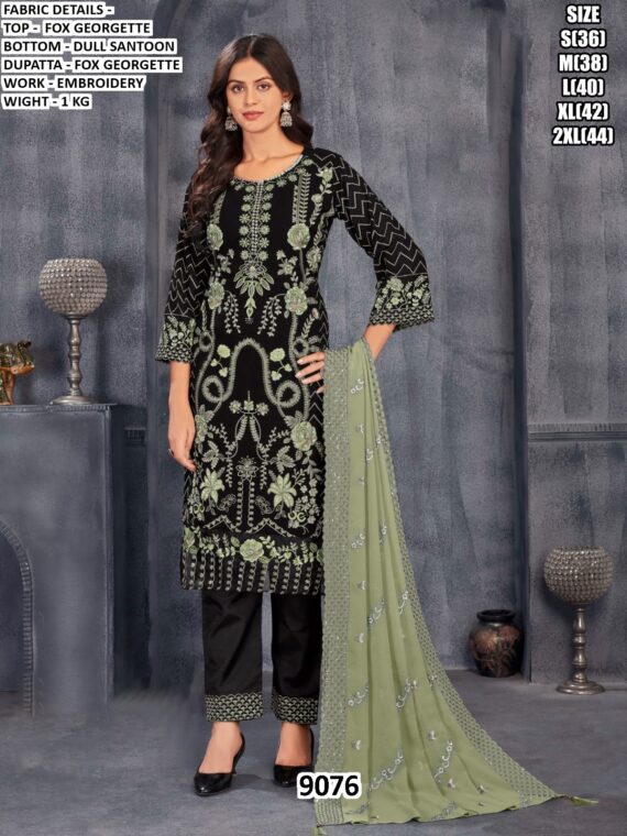 Buy Black Faux Georgette Straight Cut Pakistani Salwar Suits With Embroidery Work