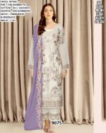 Embroidered And Sequins Work Faux Georgette Salwar Suits In White With Contrast Dupatta