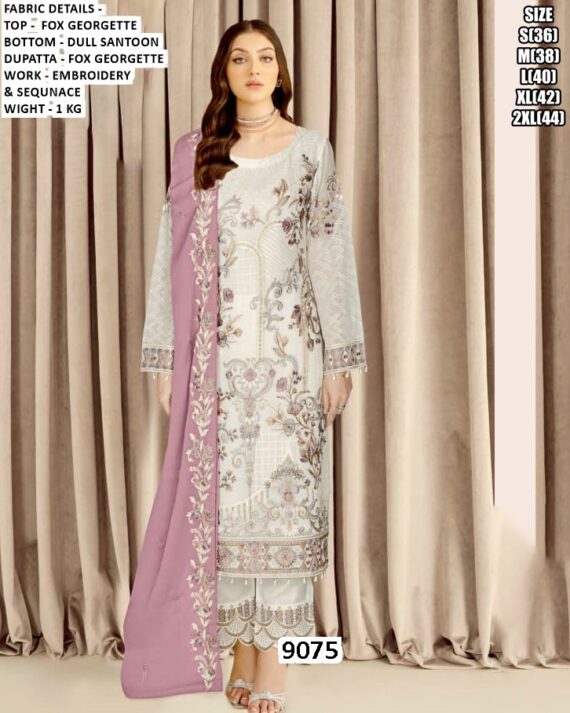 Embroidered And Sequins Work Faux Georgette Salwar Suits In White With Contrast Dupatta