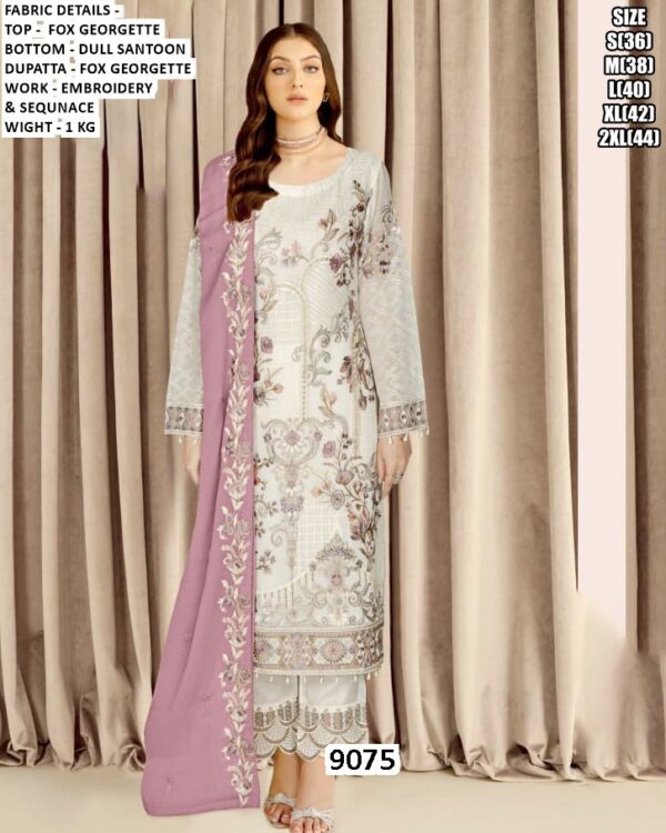 Embroidered And Sequins Work Faux Georgette Salwar Suits In White With Contrast Dupatta