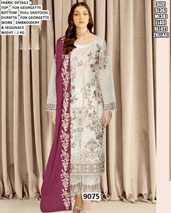 Embroidered And Sequins Work Faux Georgette Salwar Suits In White With Contrast Dupatta