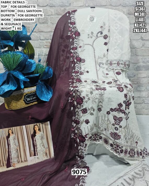 Embroidered And Sequins Work Faux Georgette Salwar Suits In White With Contrast Dupatta