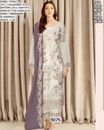 Embroidered And Sequins Work Faux Georgette Salwar Suits In White With Contrast Dupatta
