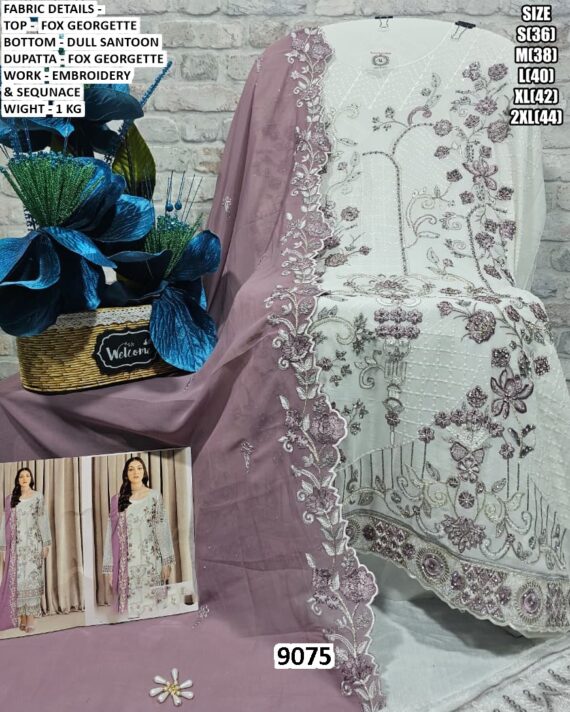 Embroidered And Sequins Work Faux Georgette Salwar Suits In White With Contrast Dupatta