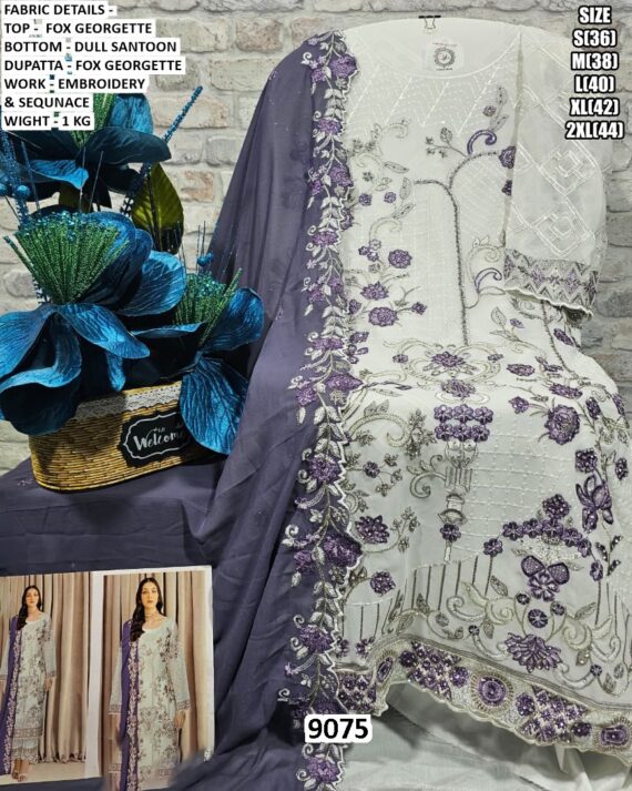 Embroidered And Sequins Work Faux Georgette Salwar Suits In White With Contrast Dupatta