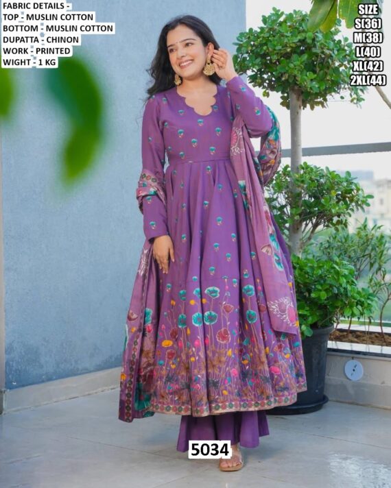 Wedding And Party Wear Readymade Floral Printed Muslin Cotton Anarkali Suits In Bright Colours!