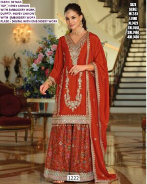Wedding Wear Three-Piece Heavy Chinon Plazo Outfit With Embroidery Work