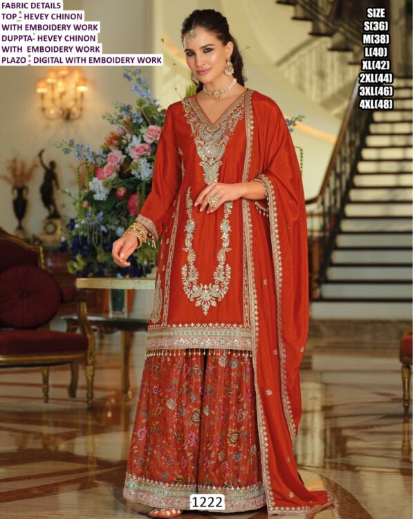 Wedding Wear Three-Piece Heavy Chinon Plazo Outfit With Embroidery Work